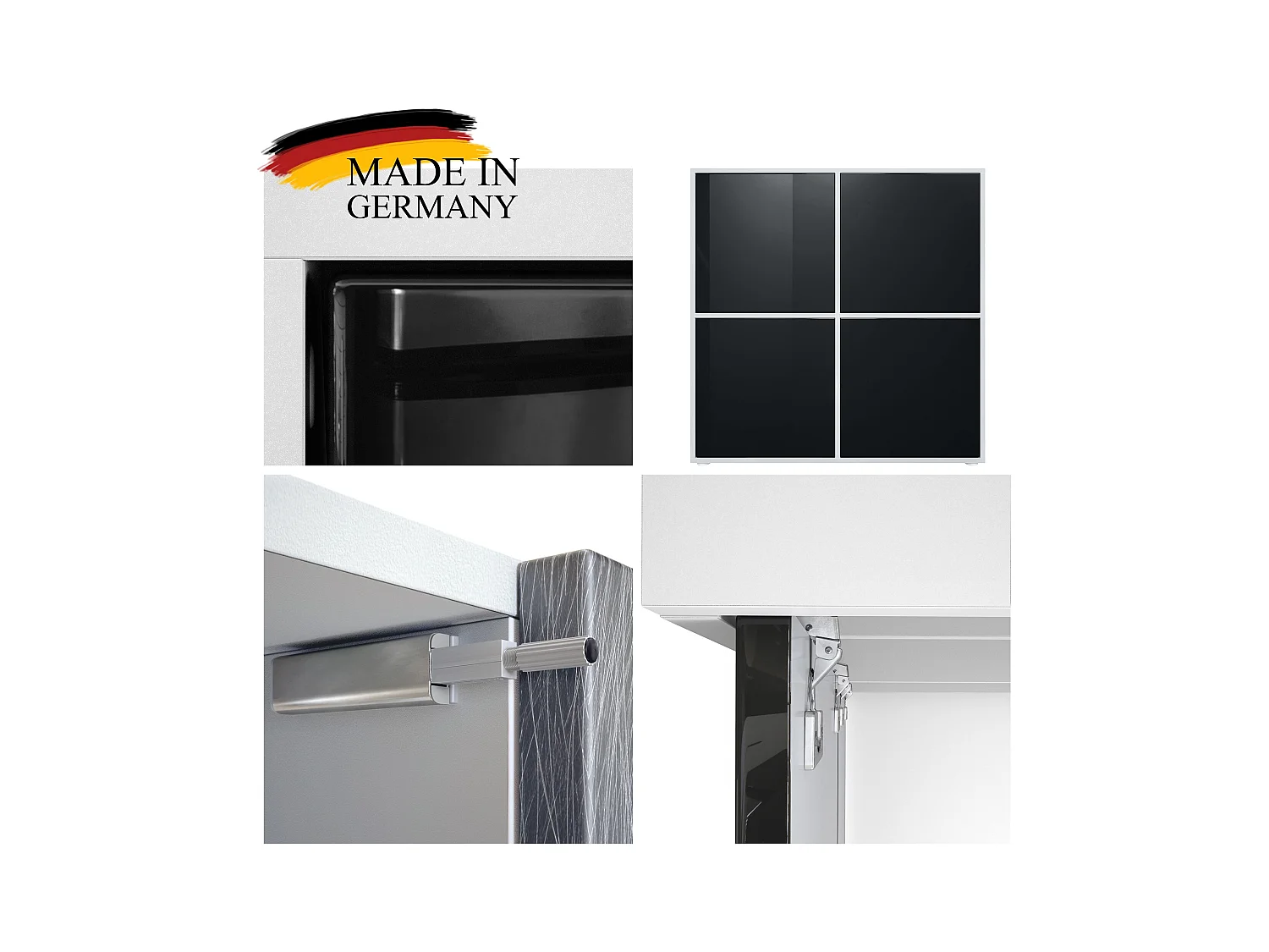 Highboard Cuba V2 Placard 104 x 105,5 x 35,5 cm Buffet à 8 compartiments, caisson en blanc mat / façades en Noir laqué haute brillance