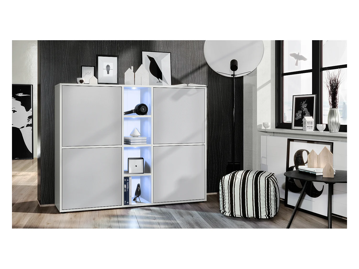 Highboard Cuba V3, blanc mat/gris clair satiné mat y compris LED - Buffet moderne à 12 compartiments (130,5 x 105,5 x 35,5 cm)