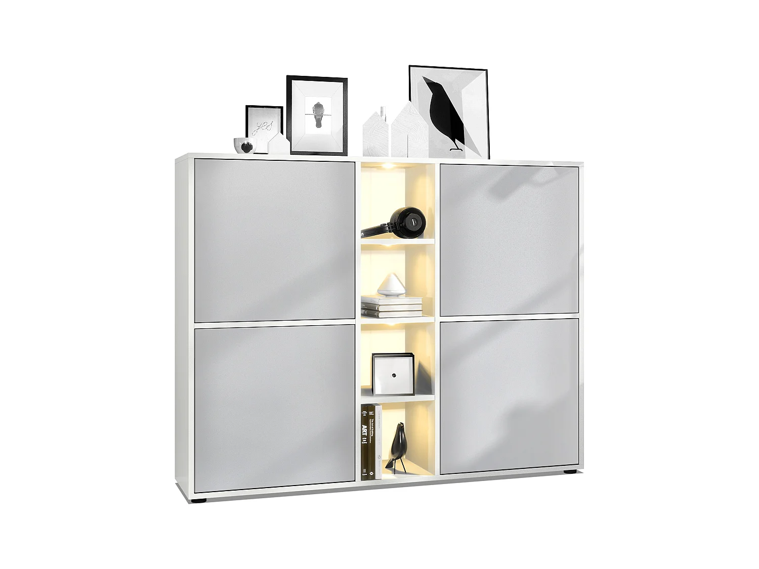 Highboard Cuba V3, blanc mat/gris clair satiné mat y compris LED - Buffet moderne à 12 compartiments (130,5 x 105,5 x 35,5 cm)