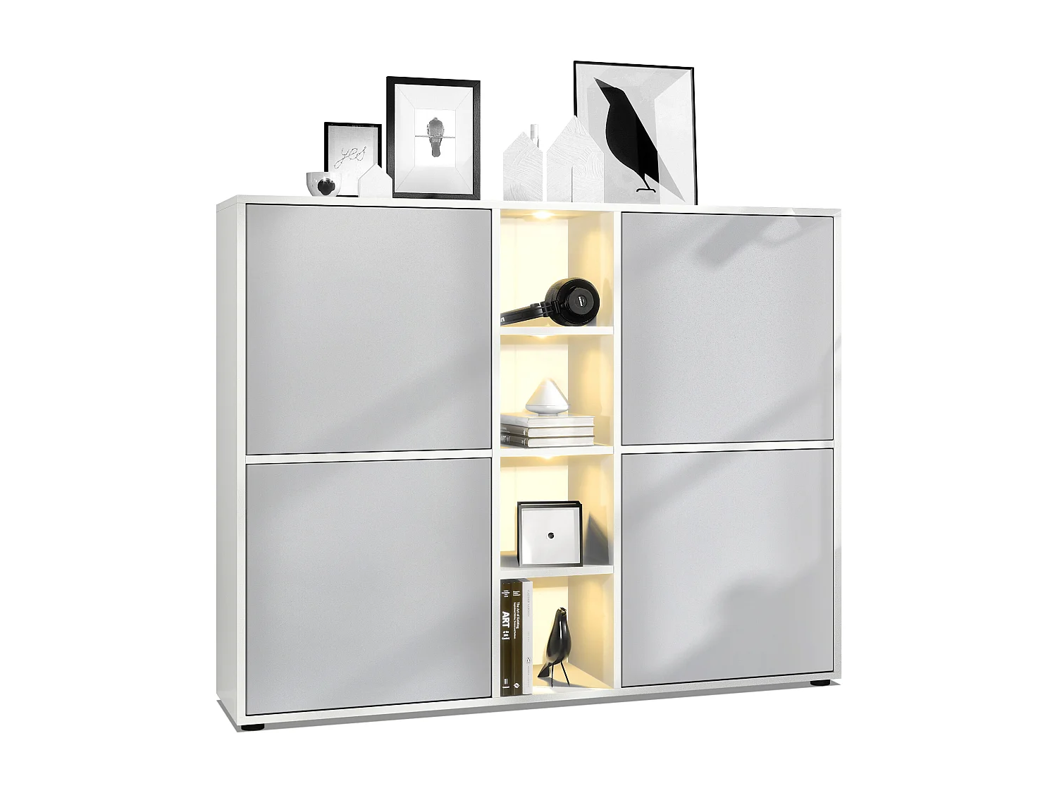 Vladon Credenza Cuba V3, bianco opaco/grigio chiaro semilucido incl. LED - Credenza moderna con 12 scomparti (130,5 x 105,5 x 35,5 cm)