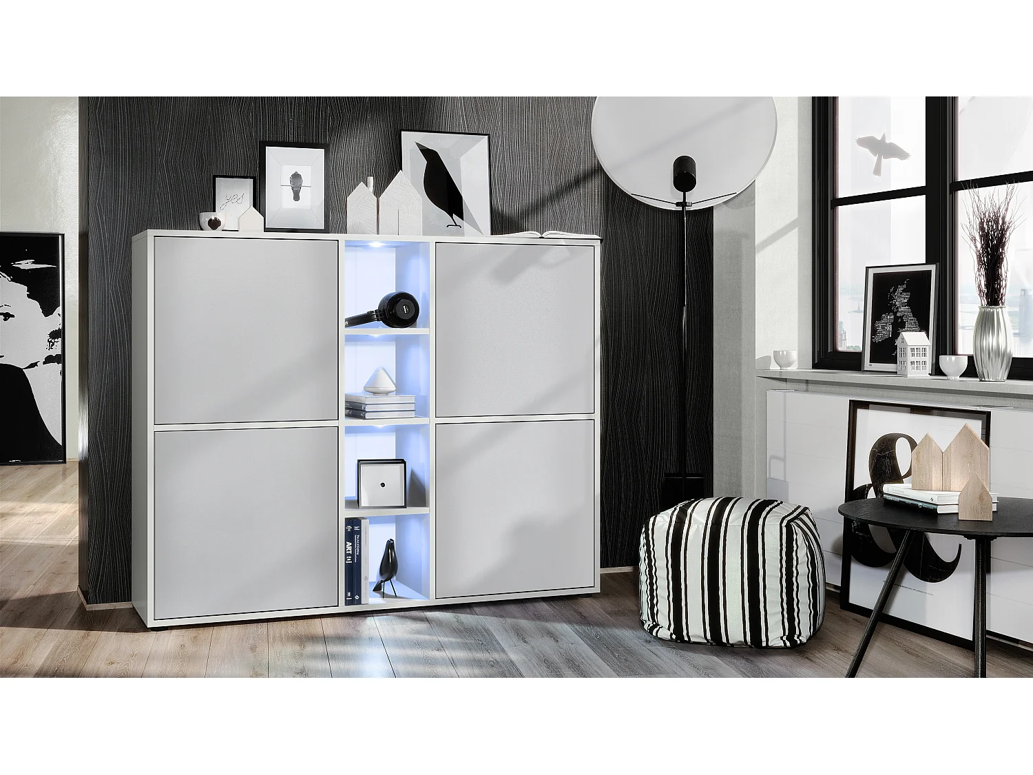 Vladon Credenza Cuba V3, bianco opaco/grigio chiaro semilucido incl. LED - Credenza moderna con 12 scomparti (130,5 x 105,5 x 35,5 cm)