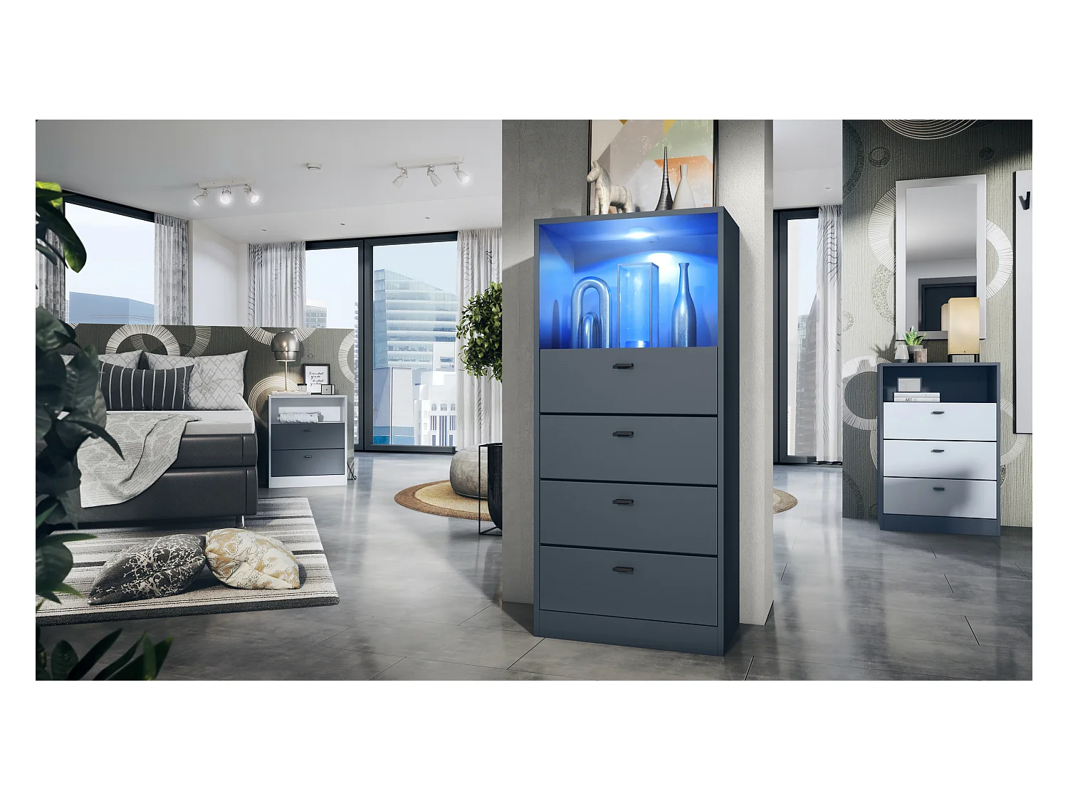 Commode Buffet Pino V3, avec 4 tiroirs & 1 compartiment ouvert, Anthracite mat/undefined avec éclairage LED RVB (56 x 125 x 36 cm)