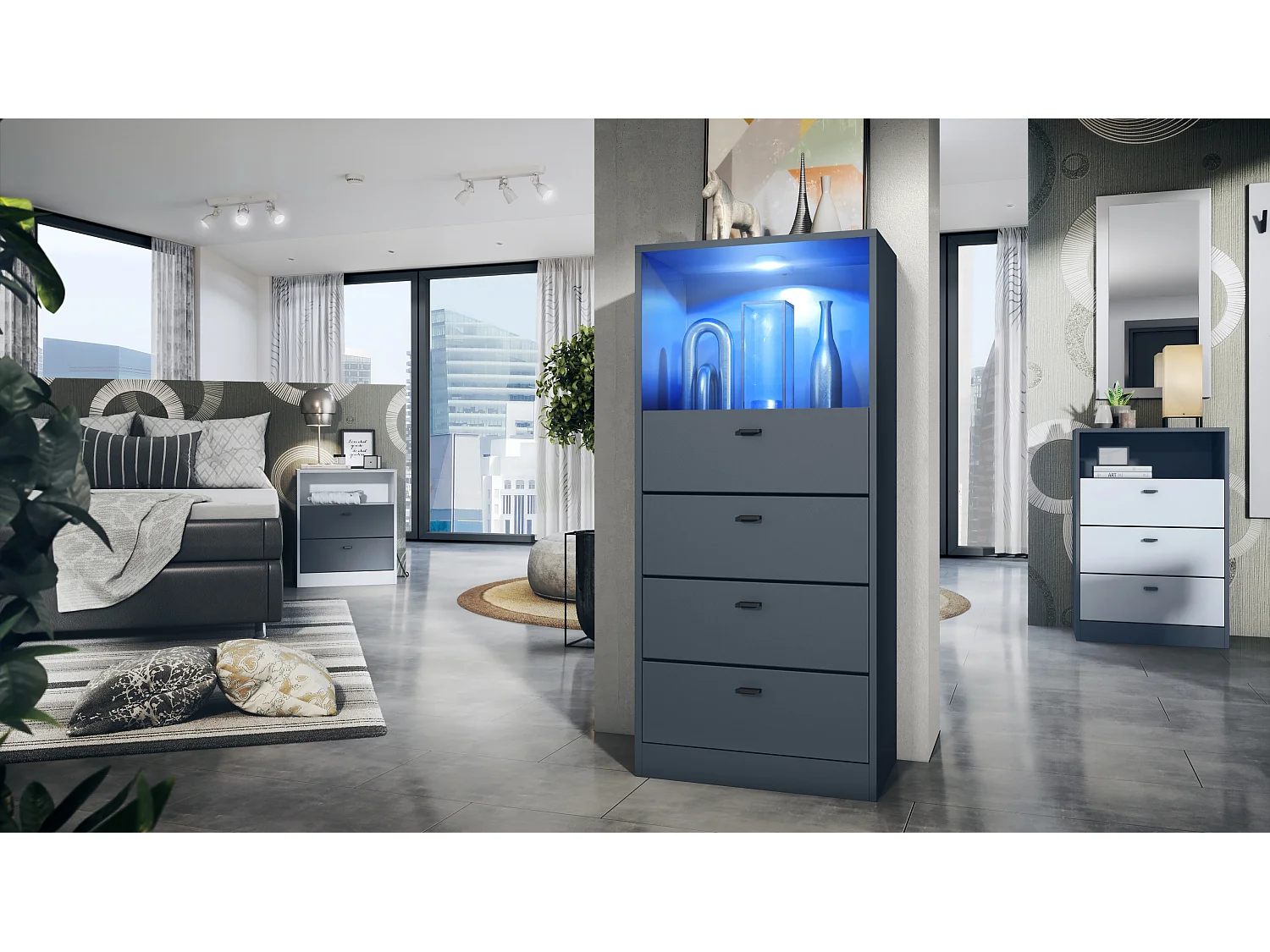 Cassettiera Pino V3, Credenza con 4 cassetti e 1 vano a giorno, antracite/non definito con LED RGB (56 x 125 x 36 cm)