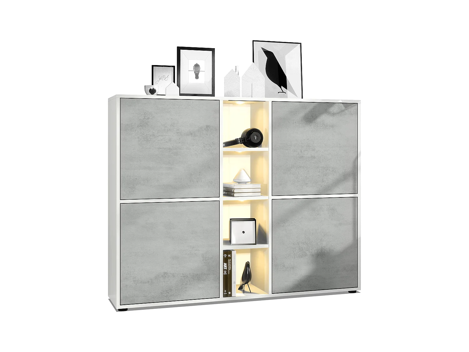 Highboard Cuba V3, blanc mat/aspect béton oxyde y compris LED - Buffet moderne à 12 compartiments (130,5 x 105,5 x 35,5 cm)