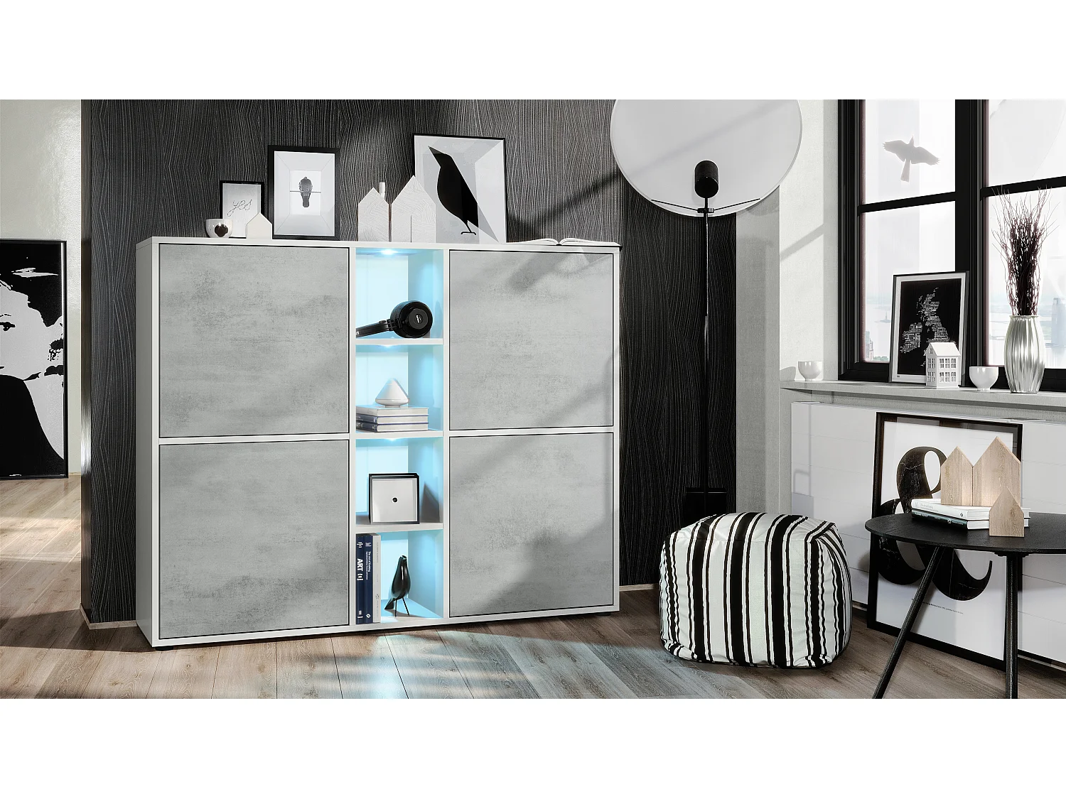 Vladon Credenza Cuba V3, bianco opaco/ottica cermento ossido incl. LED - Credenza moderna con 12 scomparti (130,5 x 105,5 x 35,5 cm)