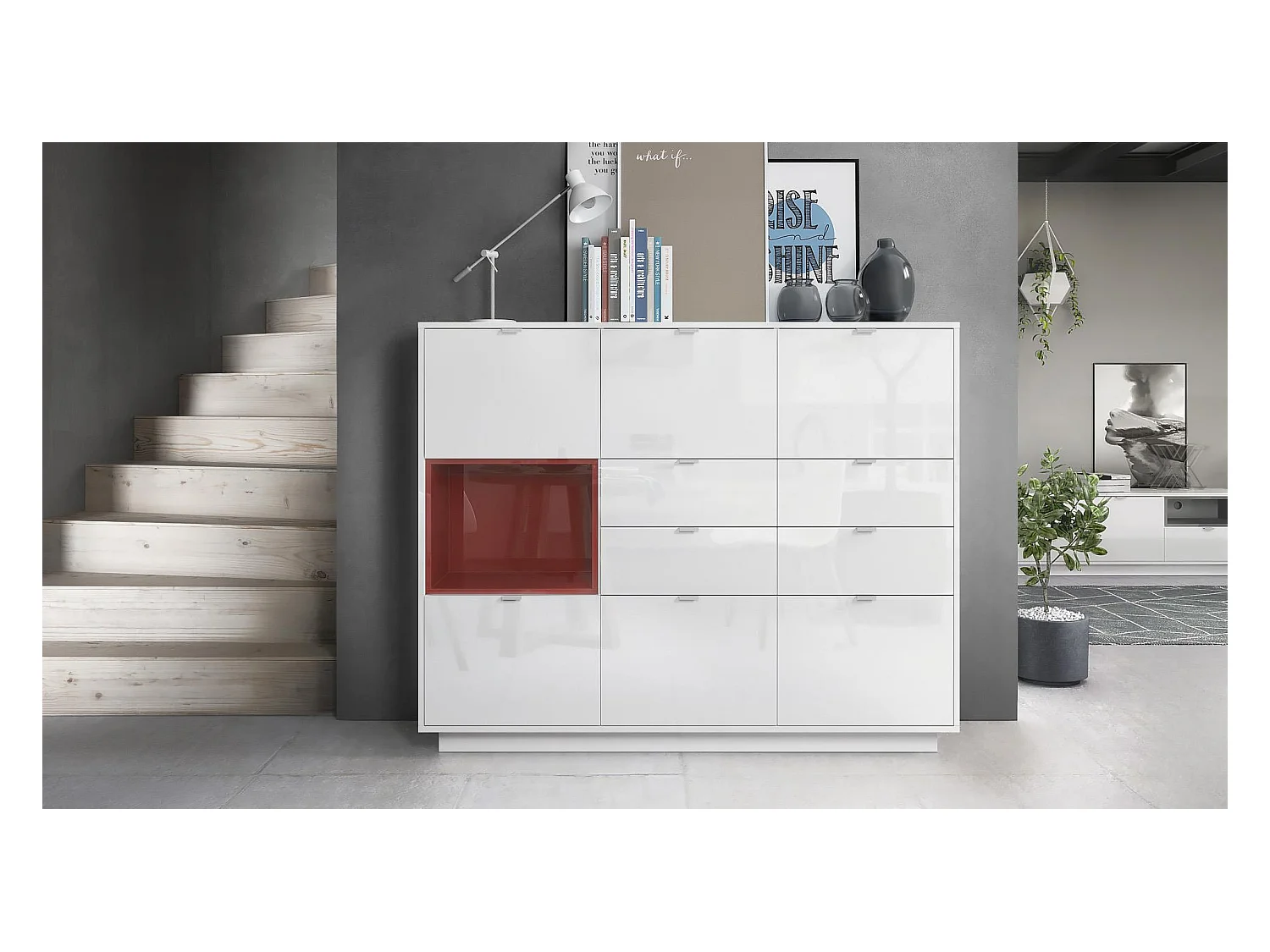 Buffet haut Armoire Metro V2, Corps en Blanc brillant / Façades en Blanc brillant avec une insertion en Bordeaux haute brillance, incl. L'éclairage LED