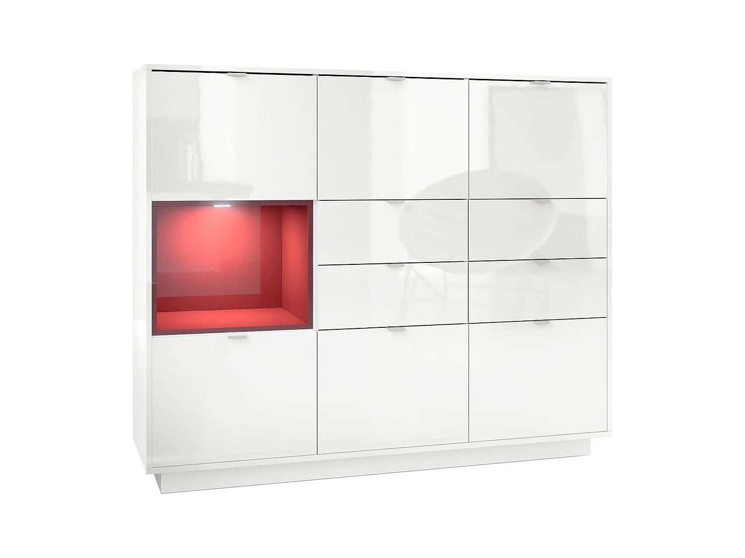 Buffet haut Armoire Metro V2, Corps en Blanc brillant / Façades en Blanc brillant avec une insertion en Bordeaux haute brillance, incl. L'éclairage LED