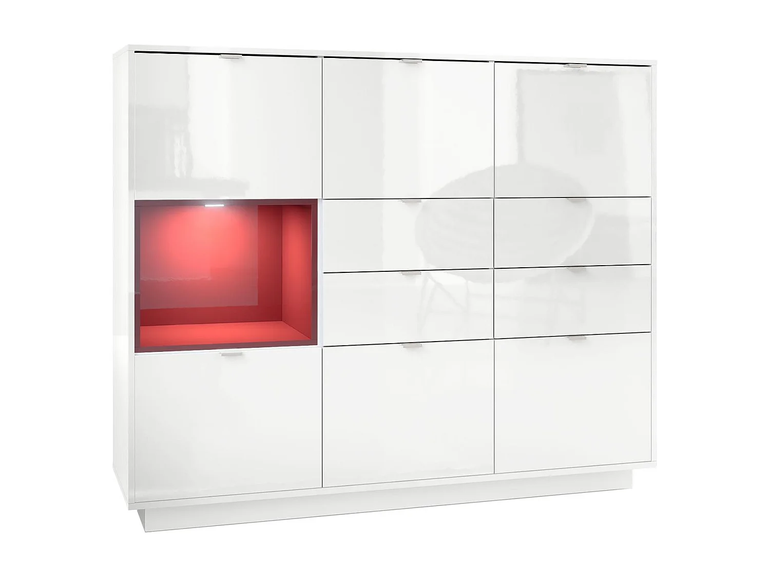 Credenza Metro V2, struttura in bianco lucido / frontale in bianco lucido con inserto in bordeaux lucido, illuminazione a LED inclusa.