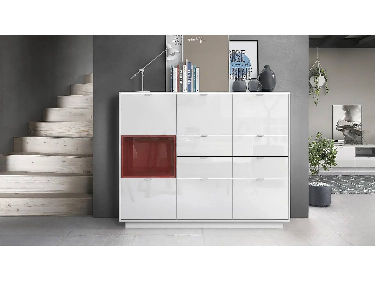 Credenza Metro V2, struttura in bianco lucido / frontale in bianco lucido con inserto in bordeaux lucido, illuminazione a LED inclusa.