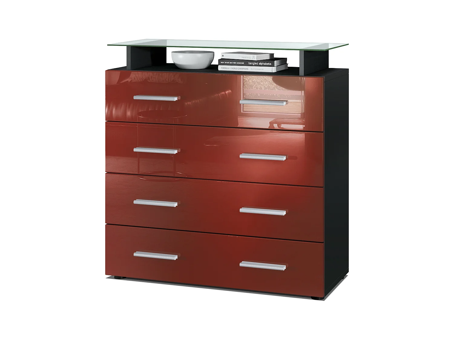 Buffet Pavos V2, Commode avec 4 tiroirs et mini-étagère en verre, noir mat/bordeaux haute brillance (76 x 81 x 35 cm)