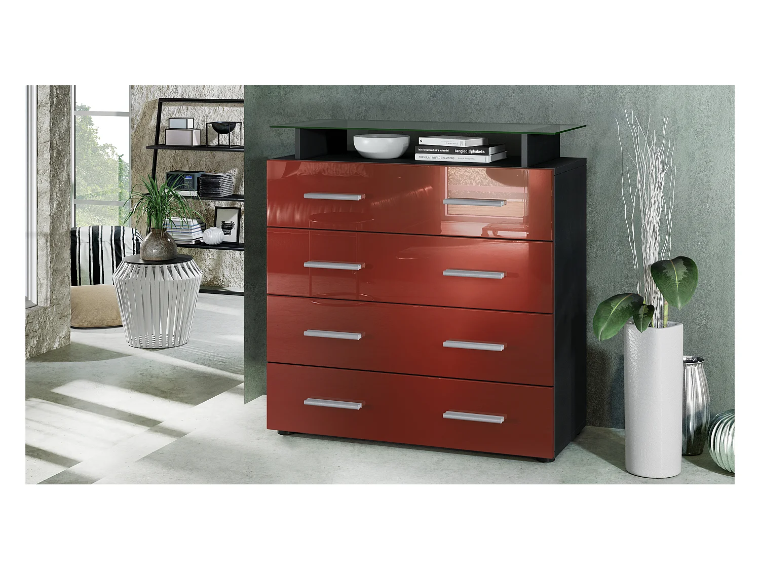 Buffet Pavos V2, Commode avec 4 tiroirs et mini-étagère en verre, noir mat/bordeaux haute brillance (76 x 81 x 35 cm)