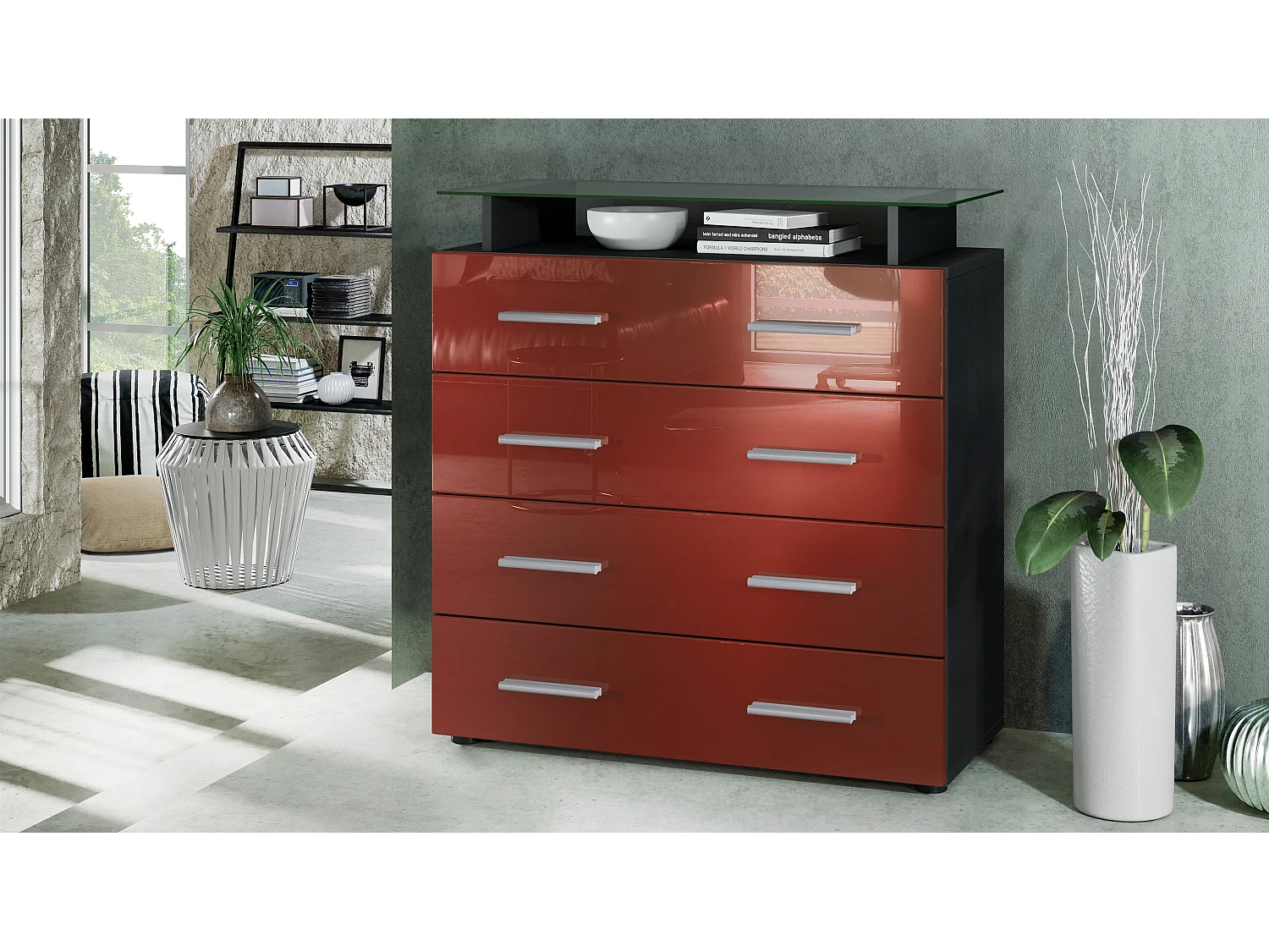 Vladon Madia Pavos V2, Mobile con 4 cassetti e ripiano in vetro, nero opaco/bordeaux lucido (76 x 81 x 35 cm)