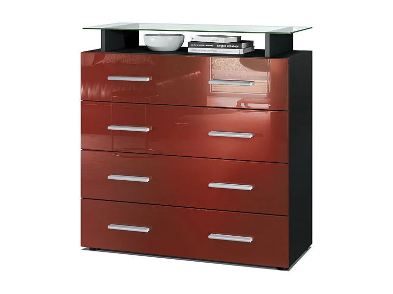 Buffet Pavos V2, Commode avec 4 tiroirs et mini-étagère en verre, noir mat/bordeaux haute brillance (76 x 81 x 35 cm)