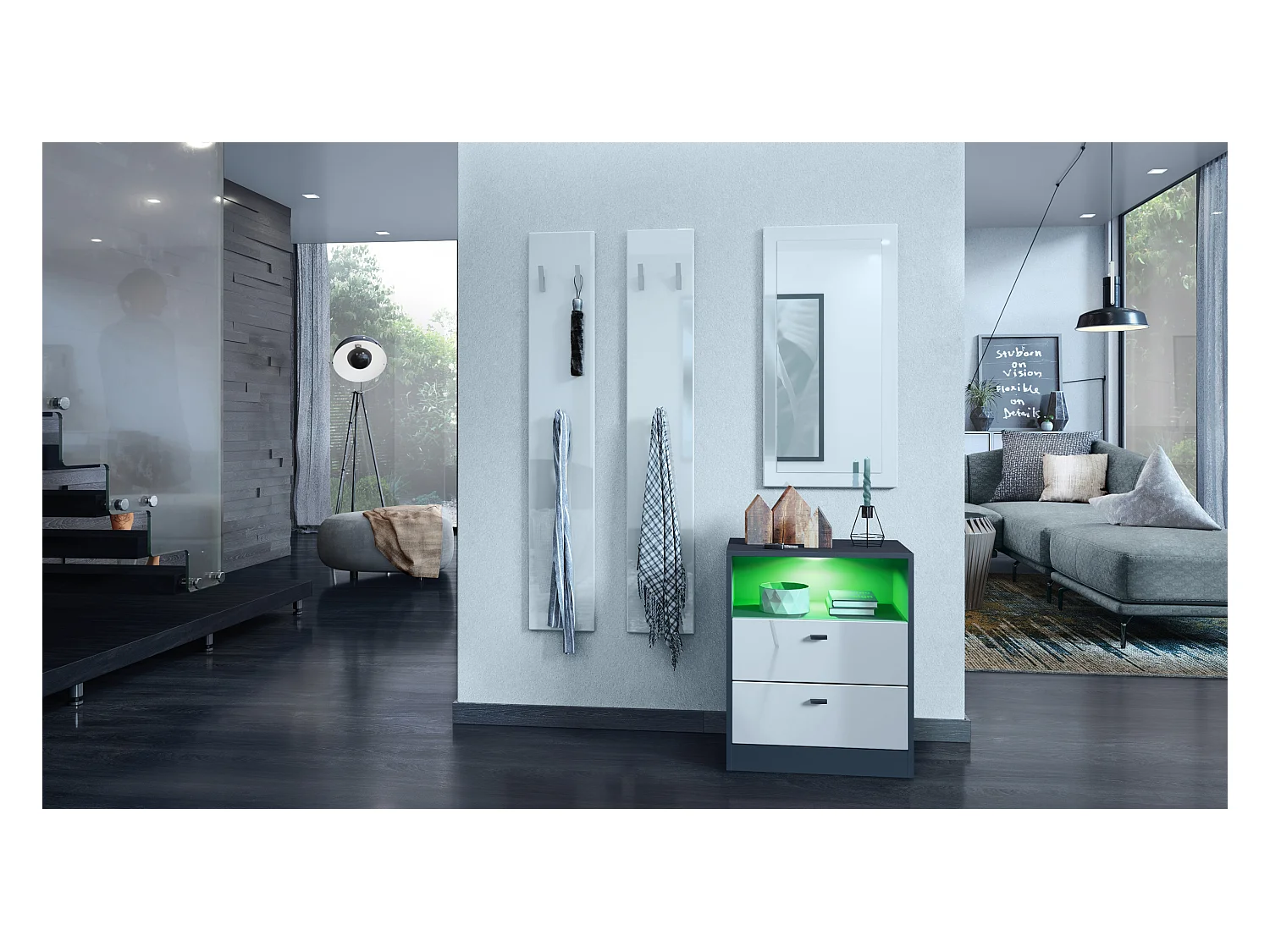 Buffet Pino V1, table de chevet avec 2 tiroirs & 1 compartiment ouvert, Anthracite mat/Blanc haute brillance avec éclairage LED RVB (56 x 67,5 x 36 cm)