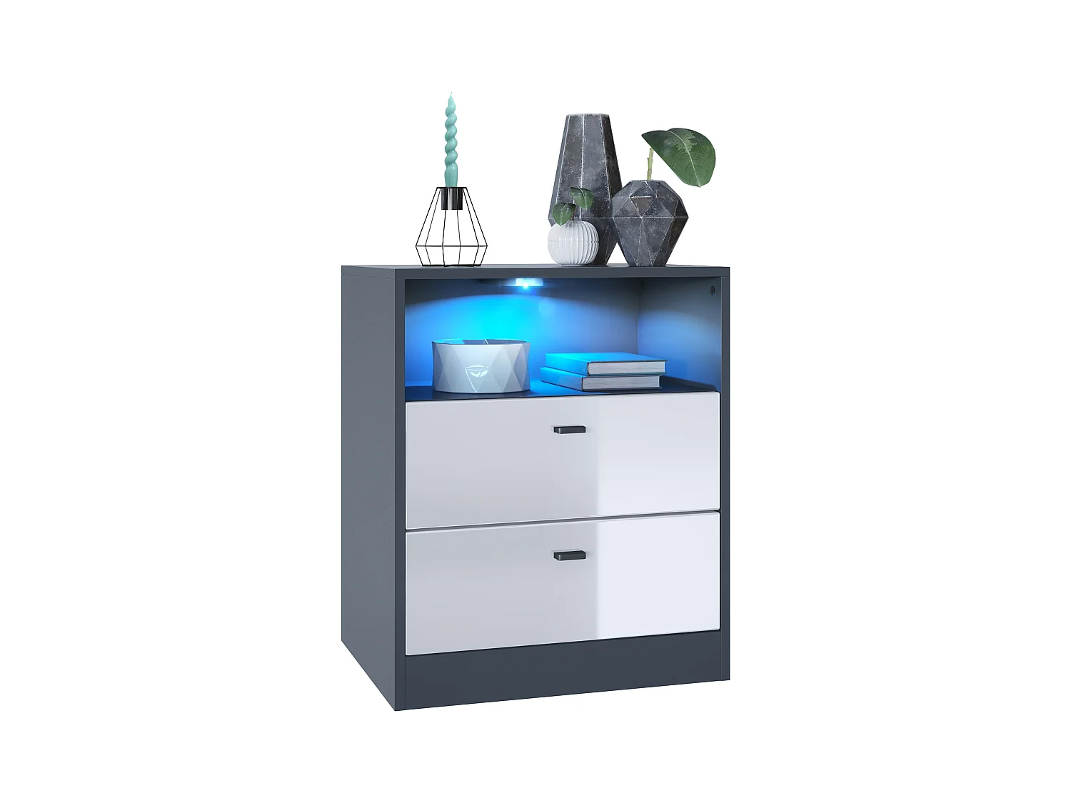 Buffet Pino V1, table de chevet avec 2 tiroirs & 1 compartiment ouvert, Anthracite mat/Blanc haute brillance avec éclairage LED RVB (56 x 67,5 x 36 cm)