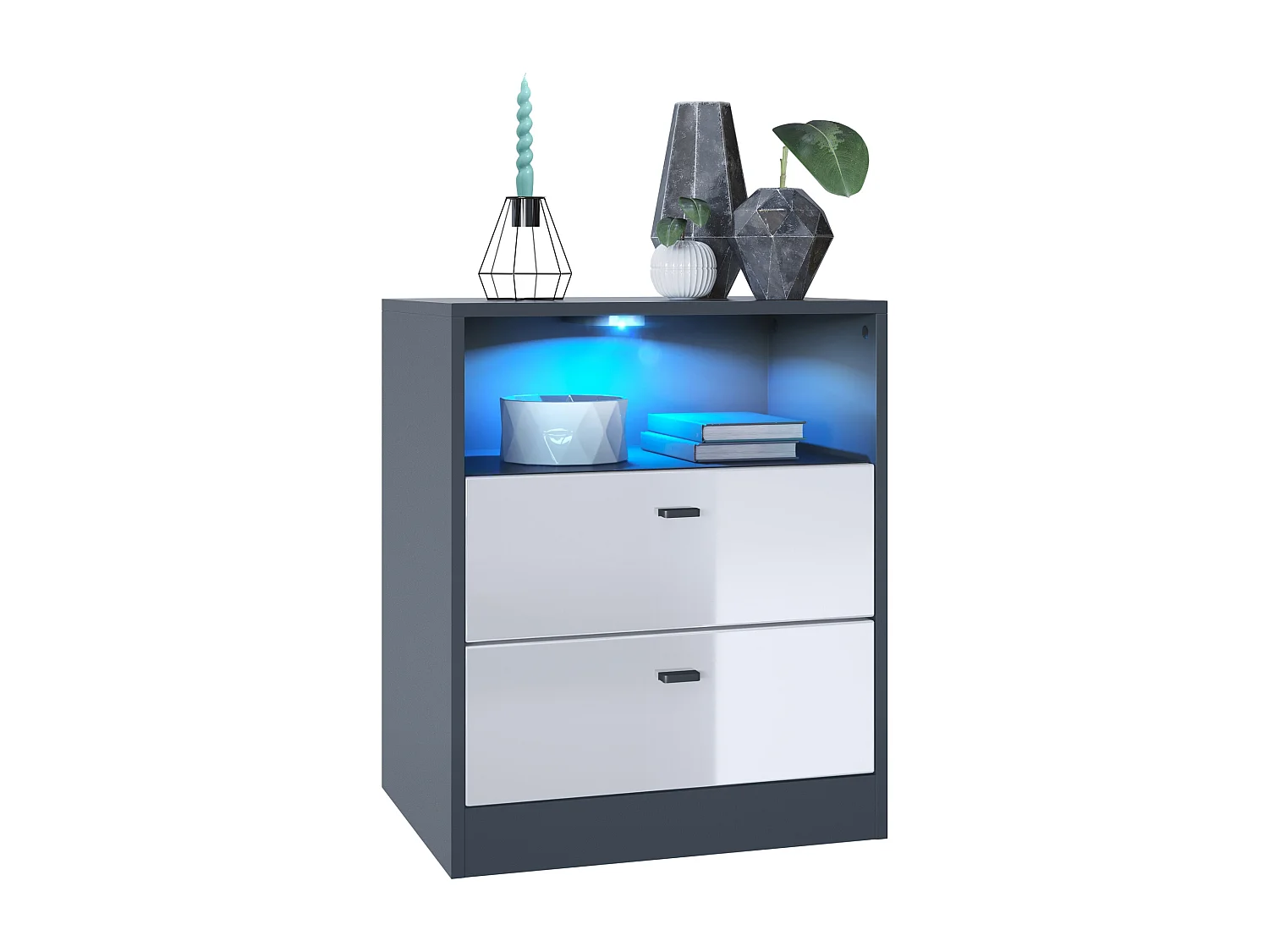 Cassettiera Pino V1, Comodino con 2 cassetti e 1 vano a giorno, antracite/bianco lucido con LED RGB (56 x 67,5 x 36 cm)