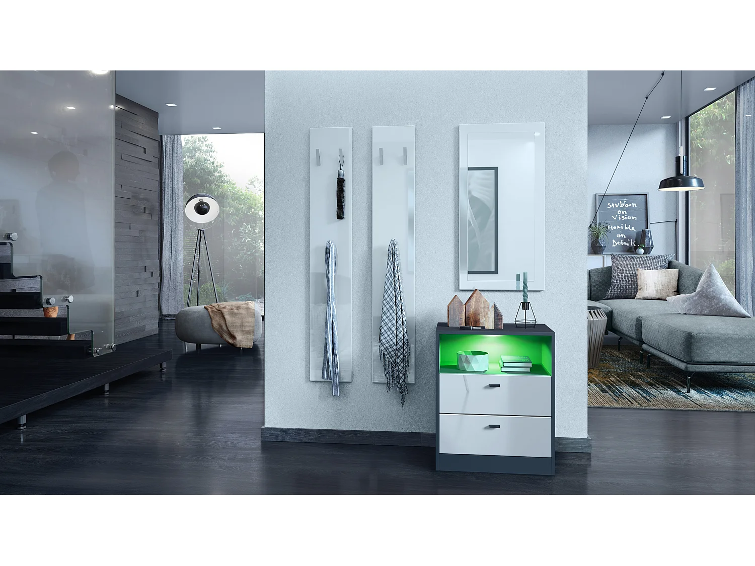 Cassettiera Pino V1, Comodino con 2 cassetti e 1 vano a giorno, antracite/bianco lucido con LED RGB (56 x 67,5 x 36 cm)