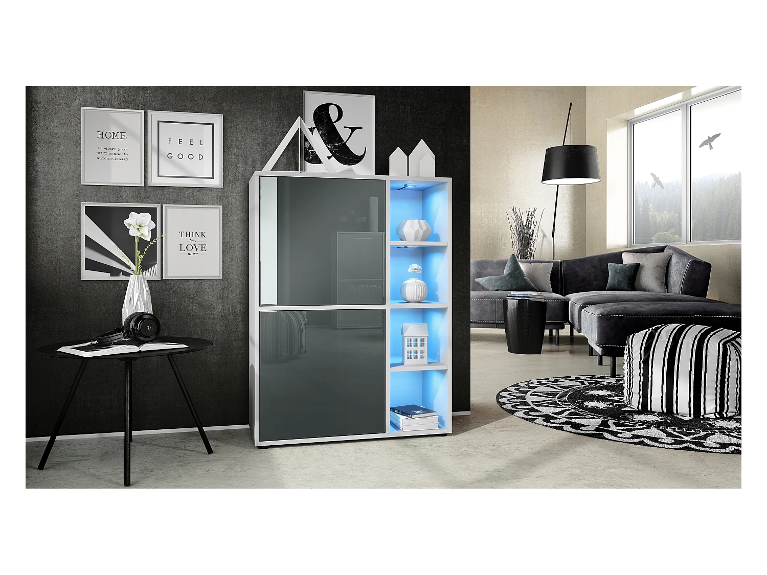 Buffet haut Cuba avec 8 compartiments, caisson en blanc mat / Façades en Gris laqué haute brillance avec éclairage LED RGB