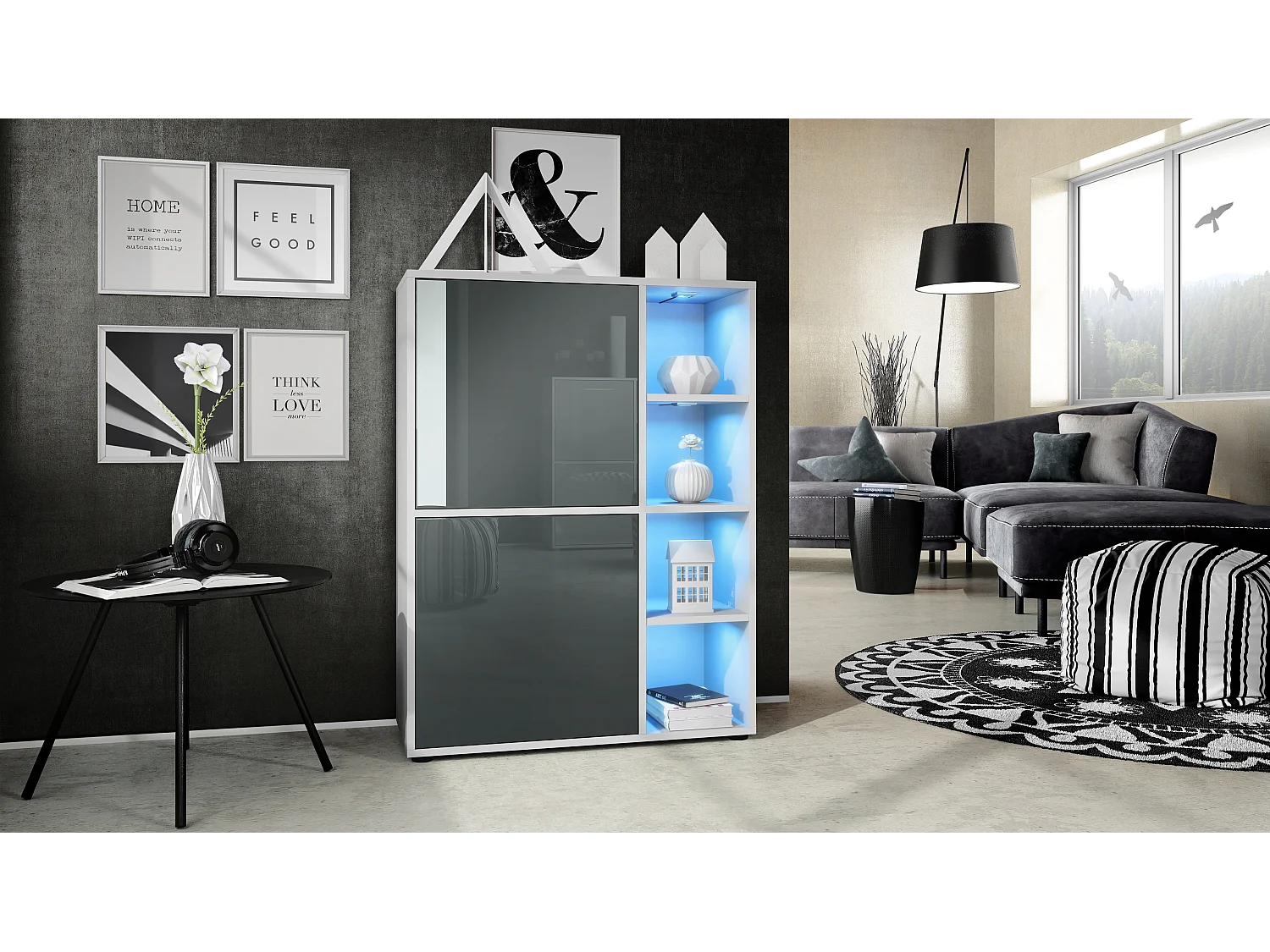 Credenza  Cuba 79 x 105,5 x 35,5 cm Credenza con 8 ripiani, struttura in bianco opaco / ante in grigio lucido con illuminazione LED RGB