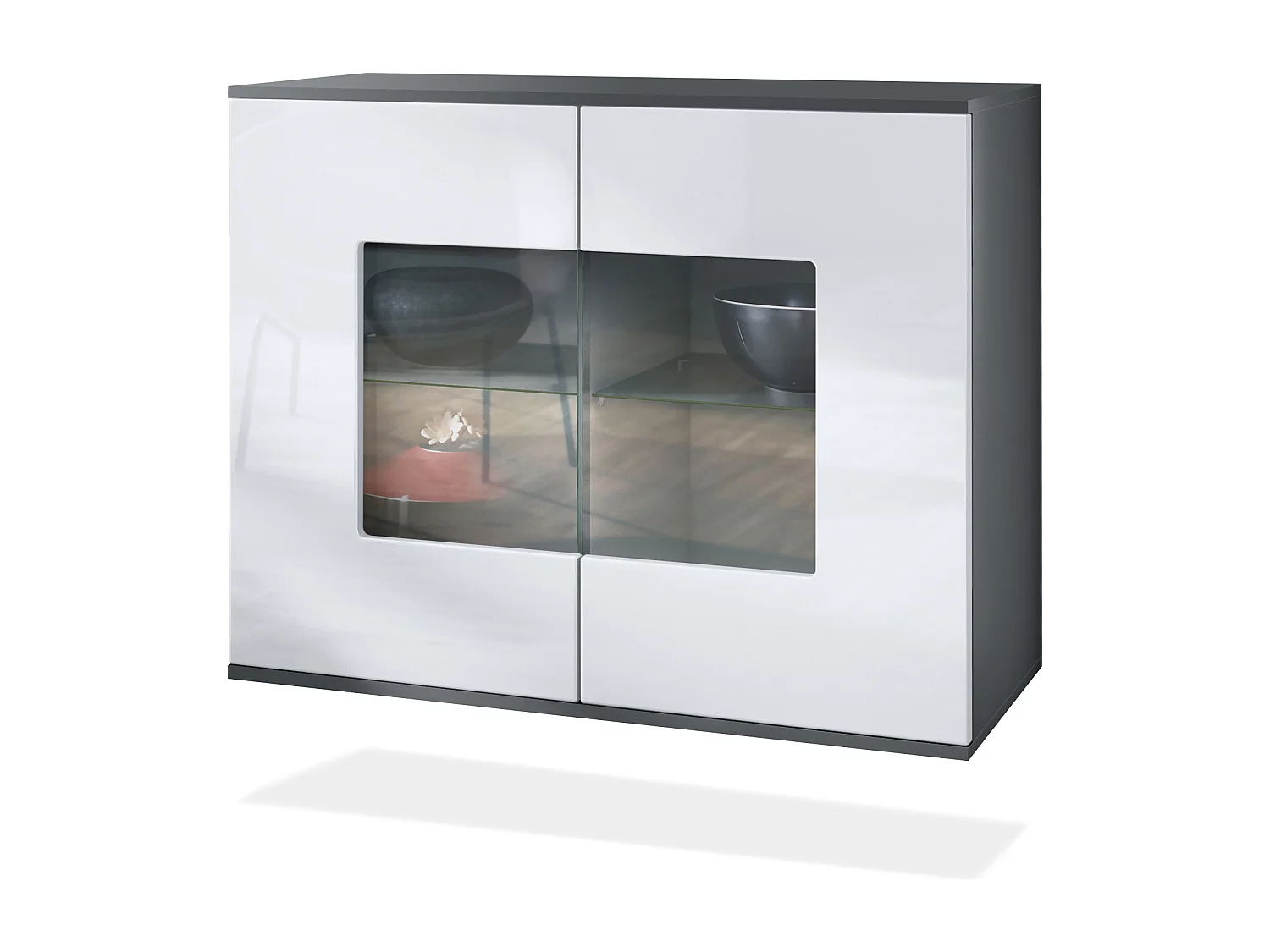 Commode Grömitz V3, Armoire de cuisine moderne avec 2 grandes portes vitrées anthracite mat / blanc haute brillance (92,5 x 73.5 x 35)