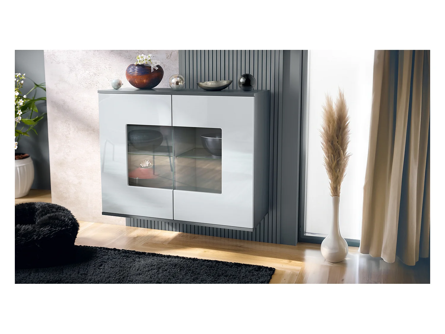 Commode Grömitz V3, Armoire de cuisine moderne avec 2 grandes portes vitrées anthracite mat / blanc haute brillance (92,5 x 73.5 x 35)