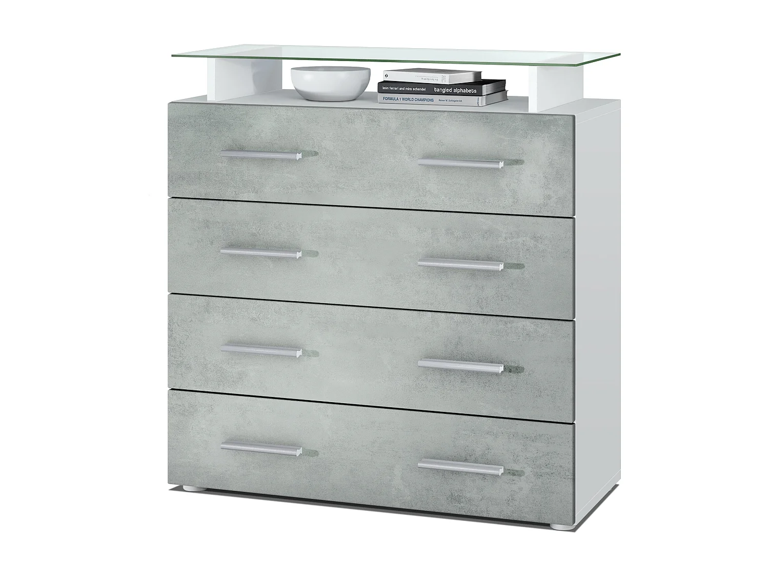 Buffet Pavos V2, Commode avec 4 tiroirs et mini-étagère en verre, blanc mat/aspect béton oxyde (76 x 81 x 35 cm)