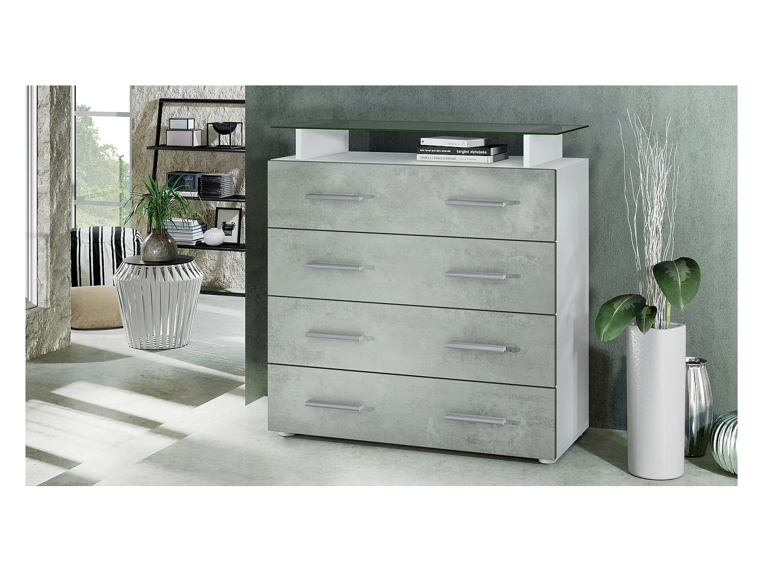 Buffet Pavos V2, Commode avec 4 tiroirs et mini-étagère en verre, blanc mat/aspect béton oxyde (76 x 81 x 35 cm)