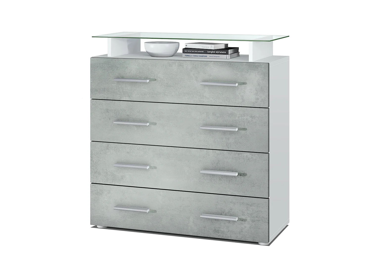 Buffet Pavos V2, Commode avec 4 tiroirs et mini-étagère en verre, blanc mat/aspect béton oxyde (76 x 81 x 35 cm)