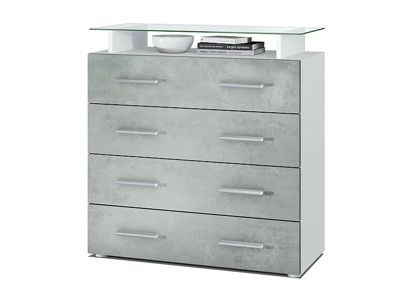 Buffet Pavos V2, Commode avec 4 tiroirs et mini-étagère en verre, blanc mat/aspect béton oxyde (76 x 81 x 35 cm)