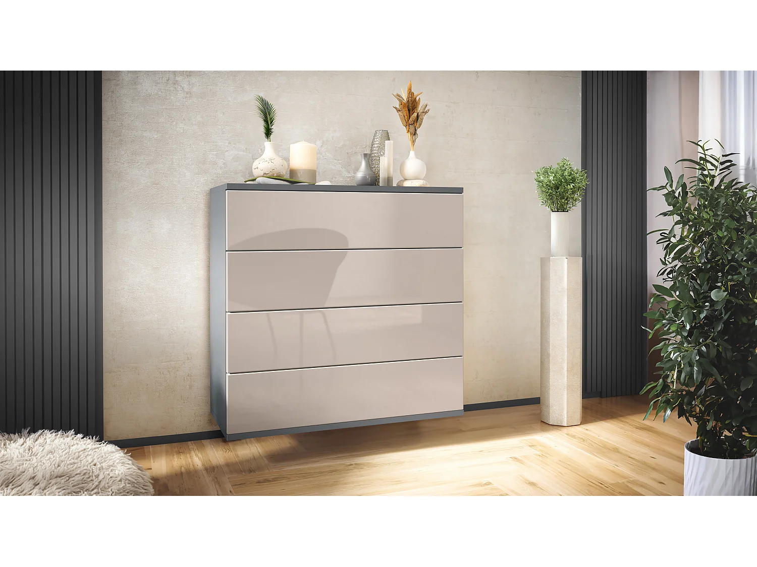 Cassettiera sospesa Pavos V3, Credenza con 4 cassetti antracite opaco /grigio sabbia lucido (76 x 76 x 35 cm)