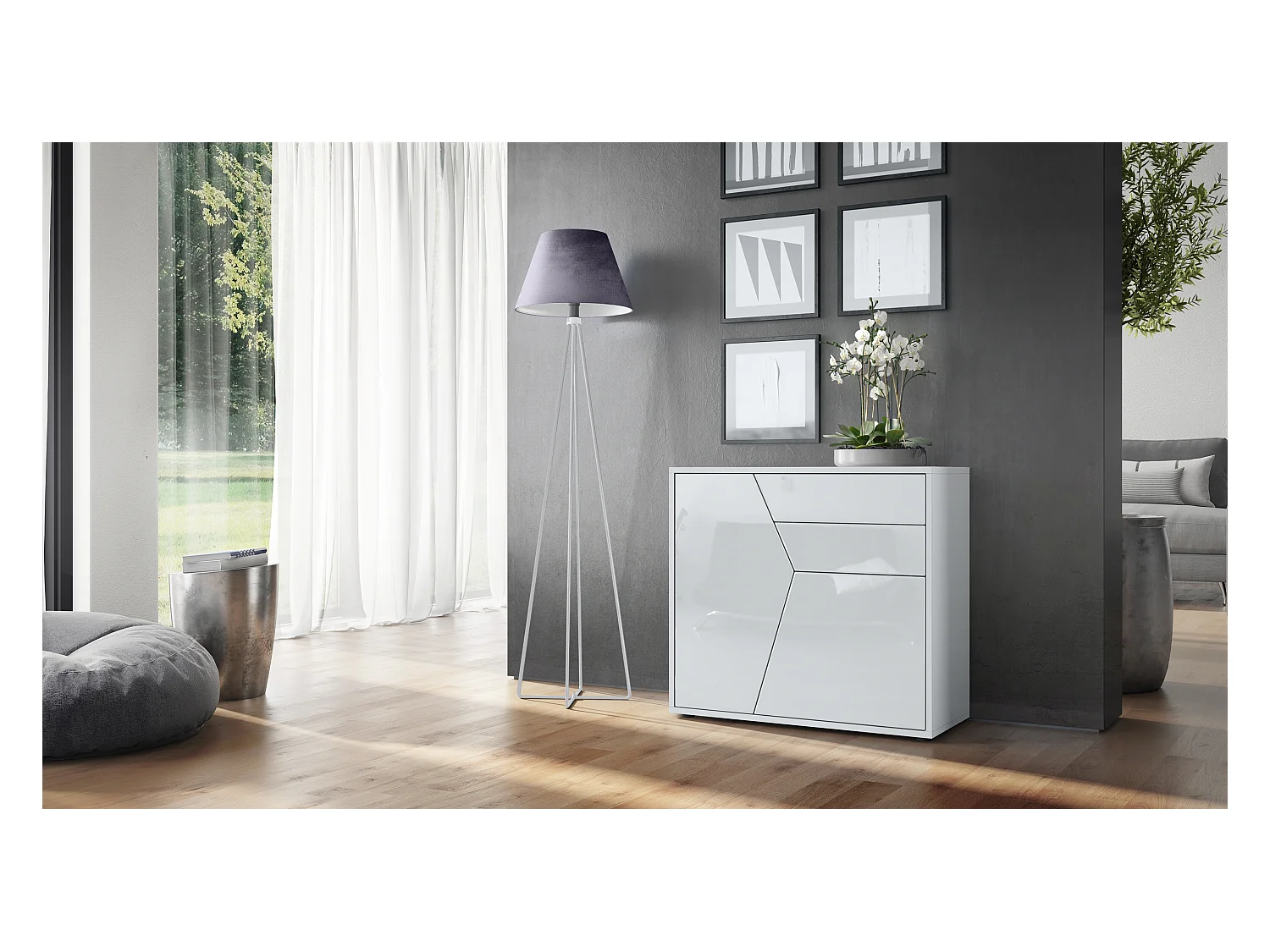 Buffet Benny, Commode avec 2 portes et 2 tiroirs, Blanc mat/Blanc haute brillance (79 x 74 x 36 cm)