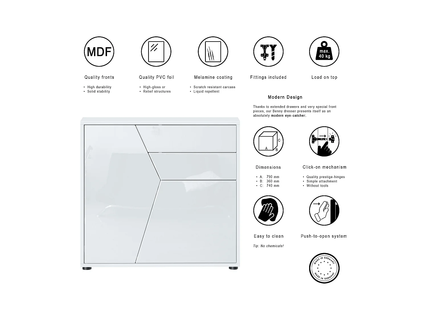 Buffet Benny, Commode avec 2 portes et 2 tiroirs, Blanc mat/Blanc haute brillance (79 x 74 x 36 cm)