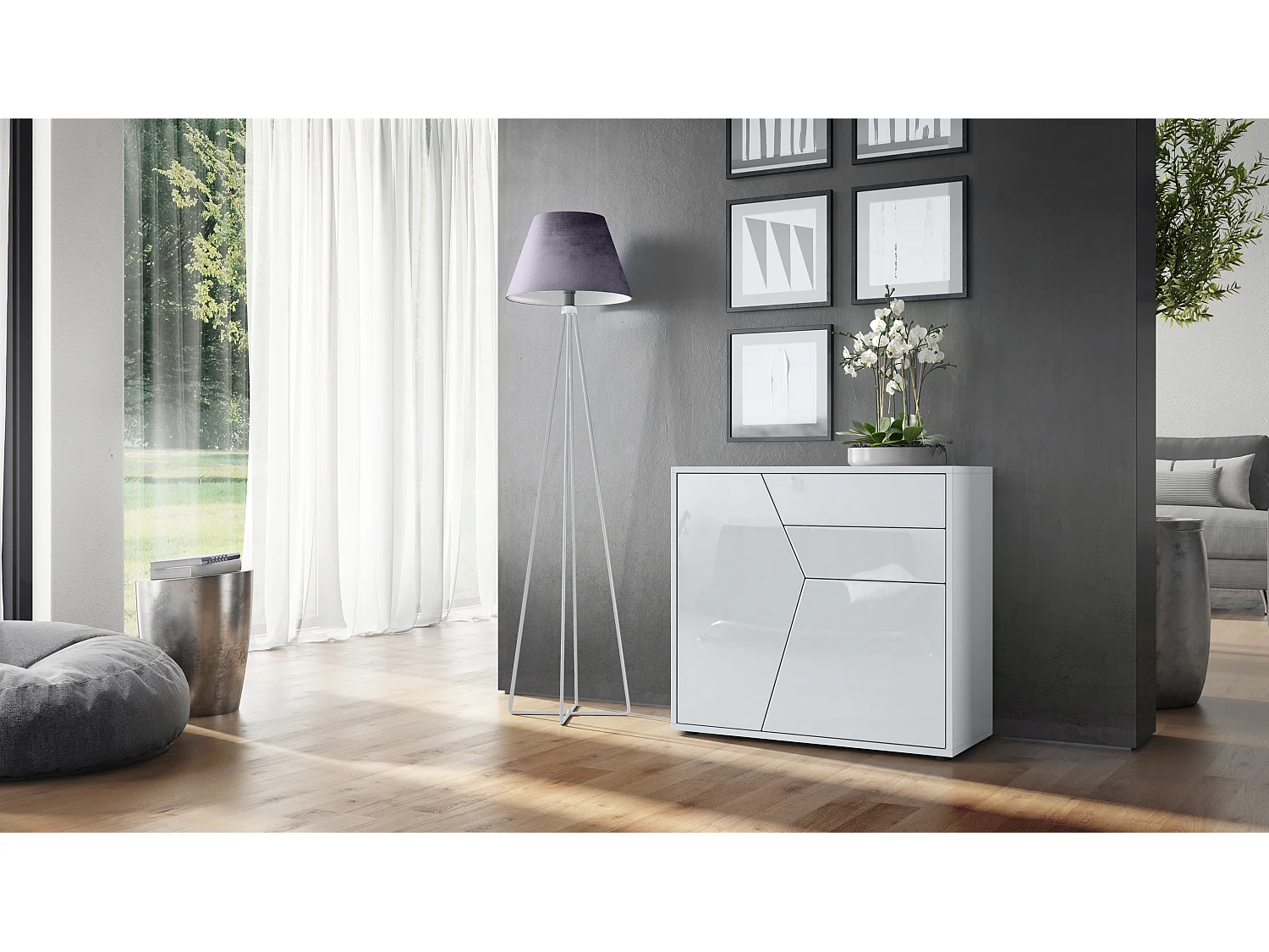 Buffet Benny, Commode avec 2 portes et 2 tiroirs, Blanc mat/Blanc haute brillance (79 x 74 x 36 cm)