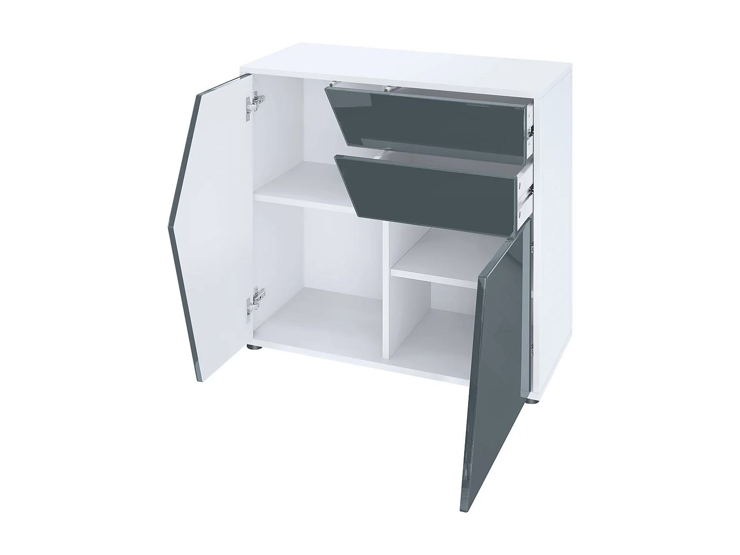 Buffet Benny, Commode avec 2 portes et 2 tiroirs, Blanc mat/Blanc haute brillance (79 x 74 x 36 cm)