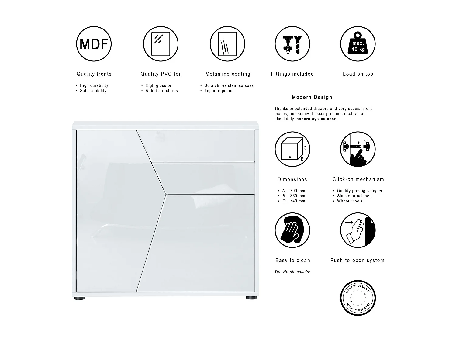 Buffet Benny, Commode avec 2 portes et 2 tiroirs, Blanc mat/Blanc haute brillance (79 x 74 x 36 cm)