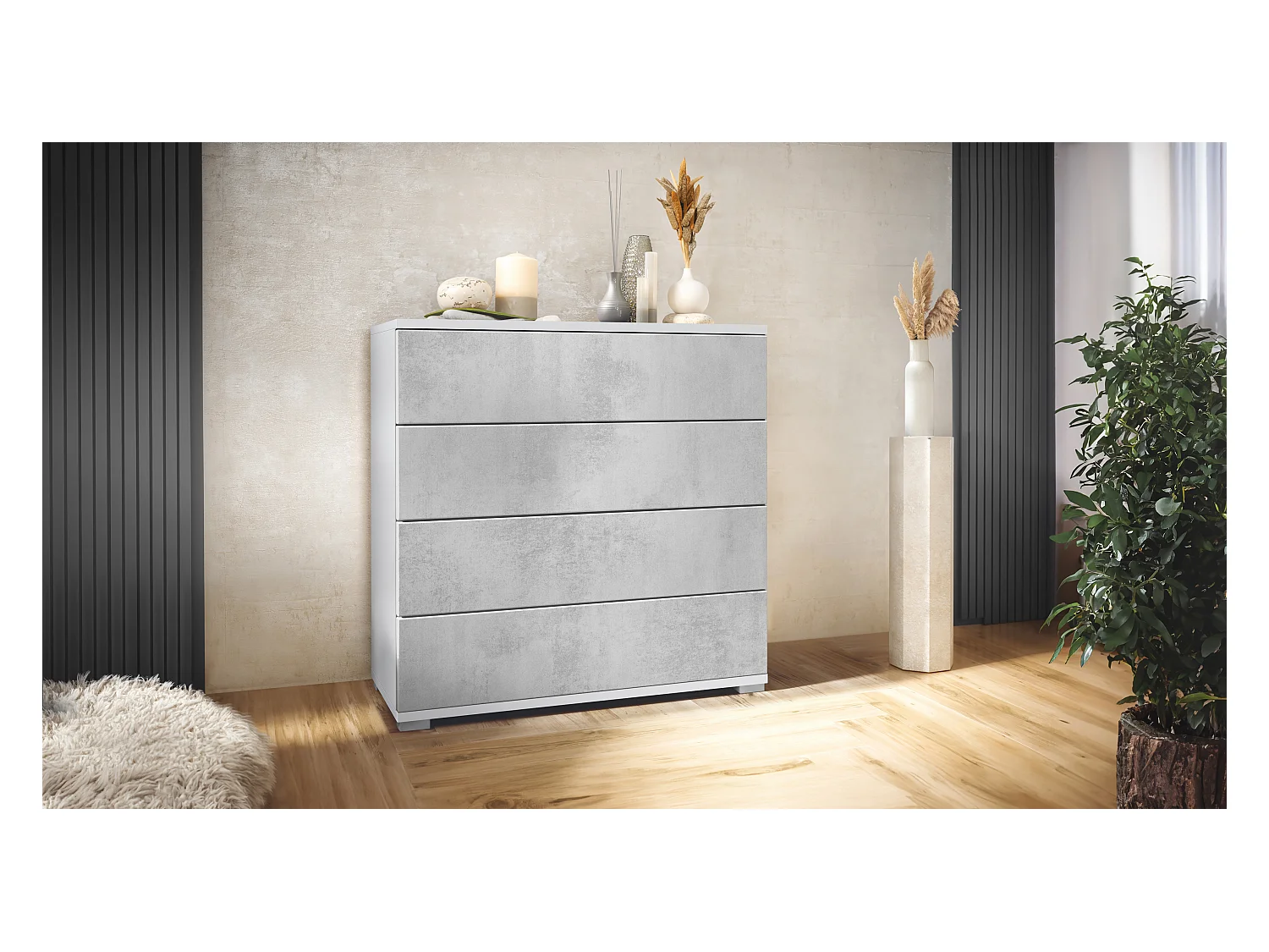 Commode  Pavos V3, Buffet avec 4 tiroirs blanc mat/aspect béton oxyde (76 x 76 x 35 cm)