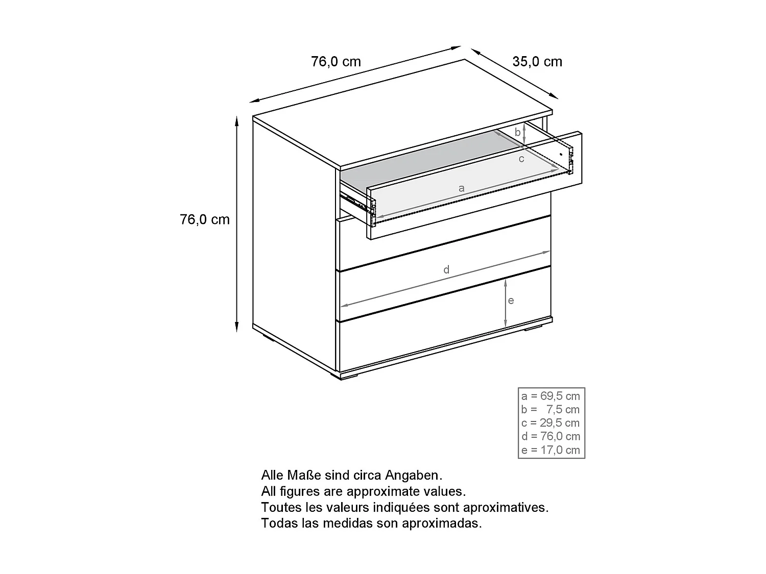Vladon Cassettiera Pavos V3, Credenza con 4 cassetti bianco opaco/ottica cermento ossido (76 x 76 x 35 cm)