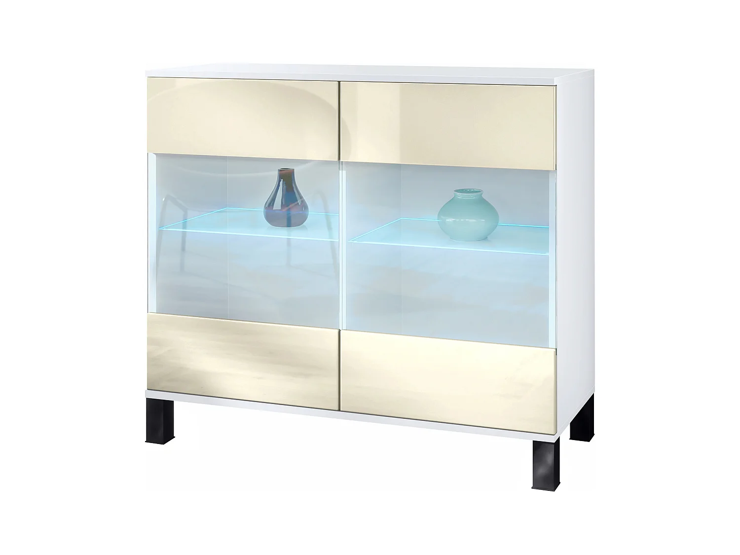 Commode Bari V3, Armoire de cuisine moderne avec 2 grandes portes vitrées incl. éclairage RGB blanc mat / crème haute brillance (92,5 x 84.5 x 35)