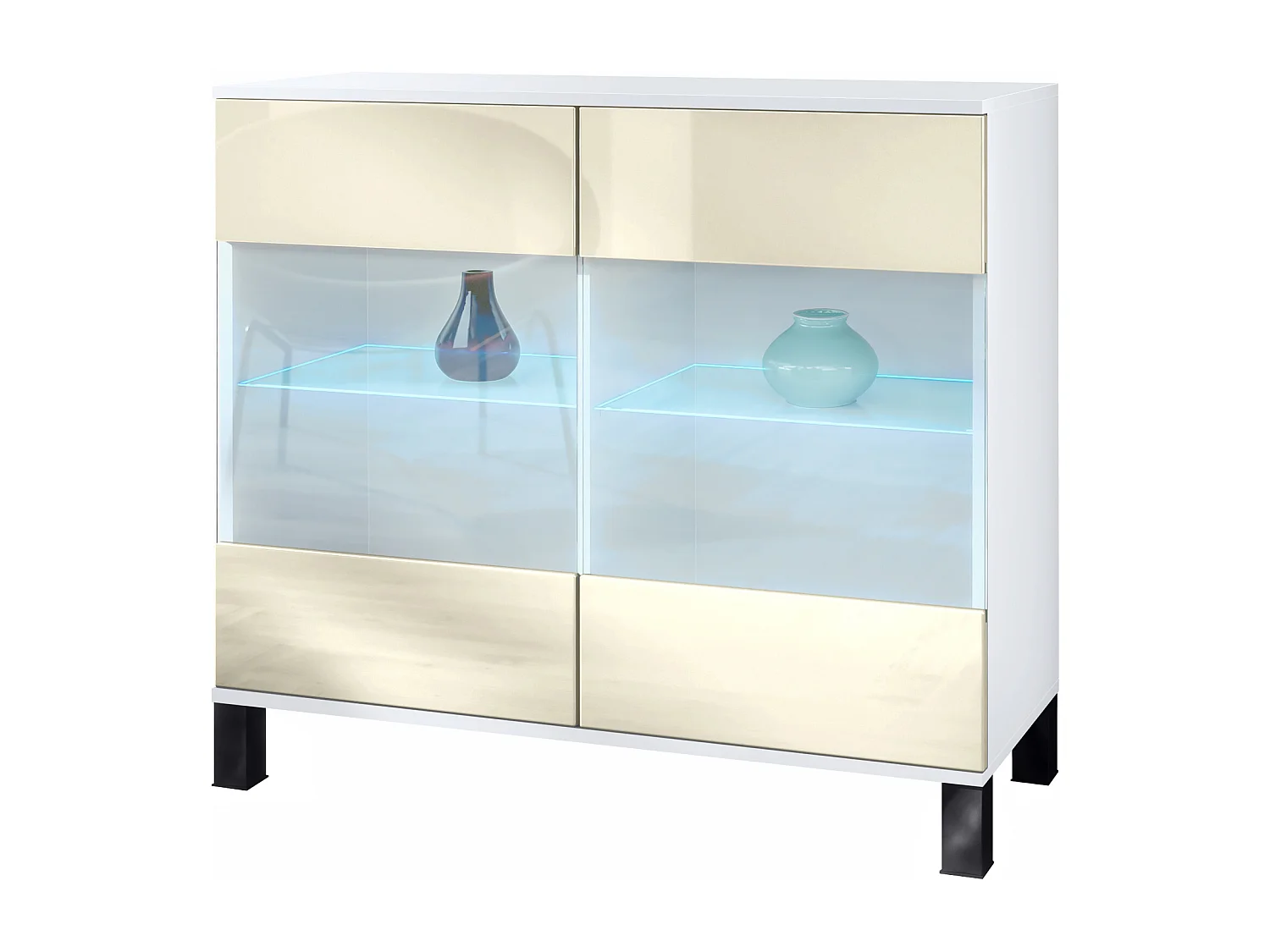 Cassettiera Bari V3, Mobile da cucina moderno con 2 grandi ante in vetro incl. illuminazione RGB bianco opaco / beige lucido (92,5 x 84.5 x 35)