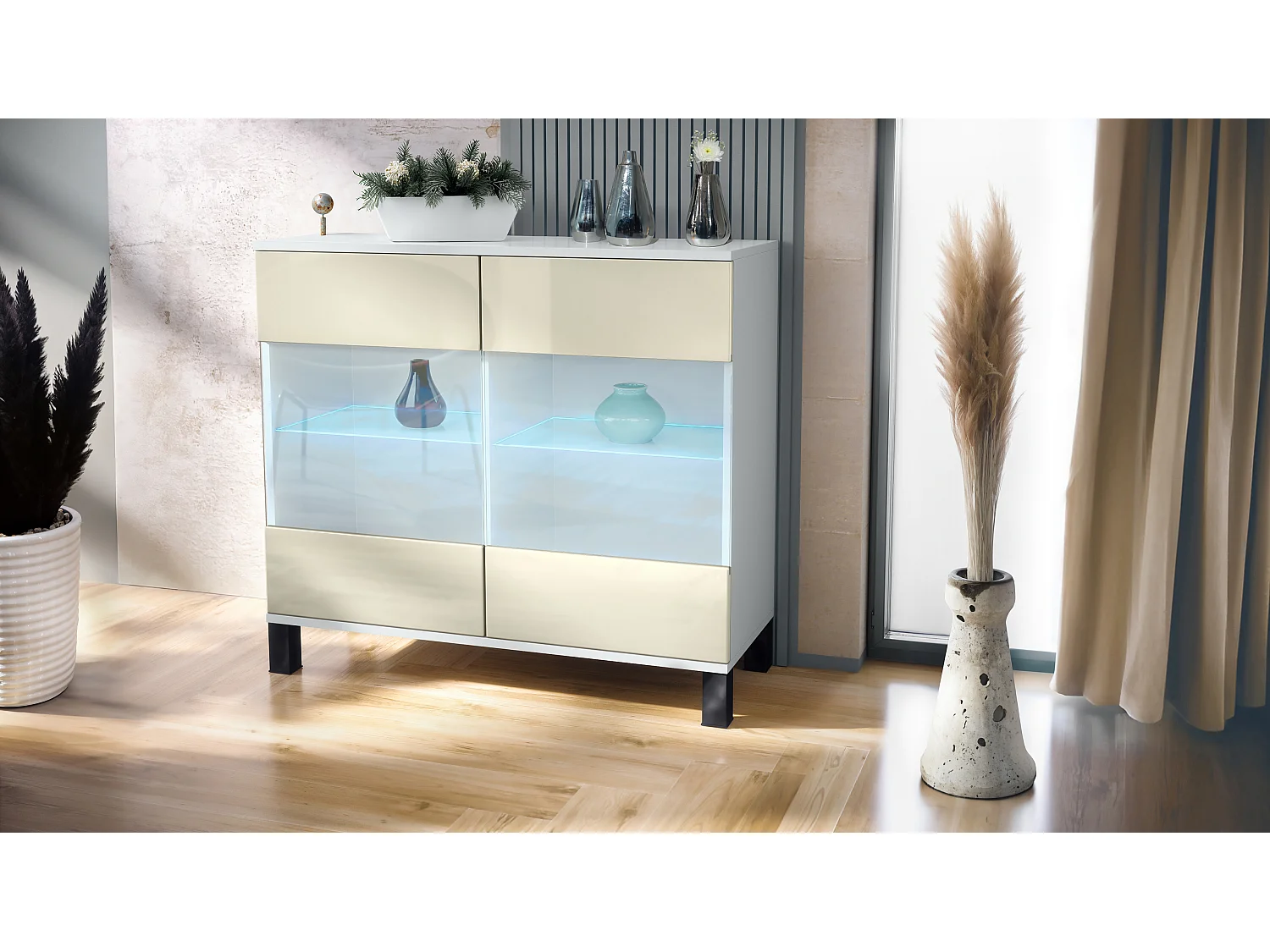 Cassettiera Bari V3, Mobile da cucina moderno con 2 grandi ante in vetro incl. illuminazione RGB bianco opaco / beige lucido (92,5 x 84.5 x 35)
