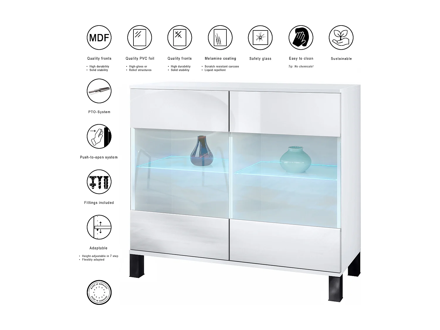 Cassettiera Bari V3, Mobile da cucina moderno con 2 grandi ante in vetro incl. illuminazione RGB bianco opaco / beige lucido (92,5 x 84.5 x 35)