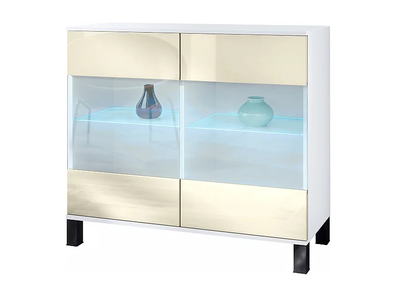 Commode Bari V3, Armoire de cuisine moderne avec 2 grandes portes vitrées incl. éclairage RGB blanc mat / crème haute brillance (92,5 x 84.5 x 35)
