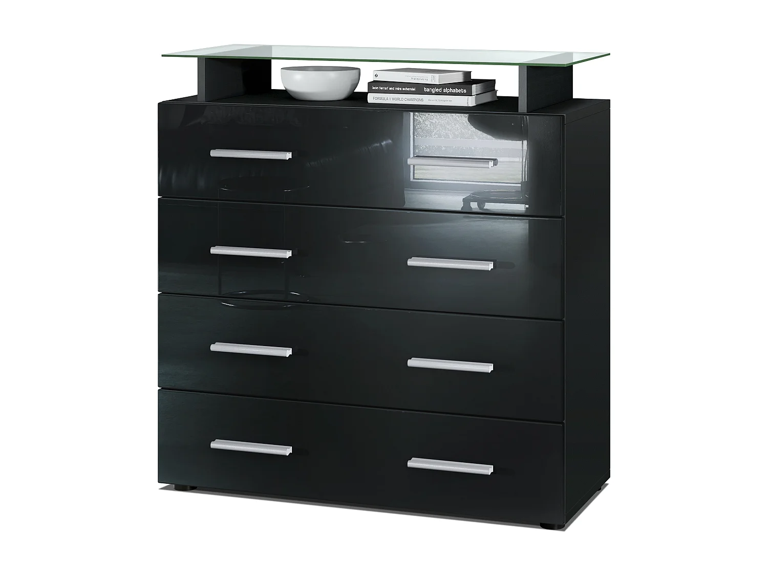 Buffet Pavos V2, Commode avec 4 tiroirs et mini-étagère en verre, noir mat/noir haute brillance (76 x 81 x 35 cm)