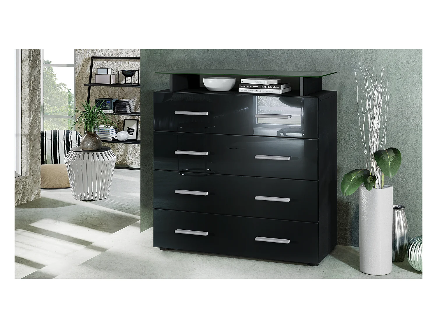 Buffet Pavos V2, Commode avec 4 tiroirs et mini-étagère en verre, noir mat/noir haute brillance (76 x 81 x 35 cm)