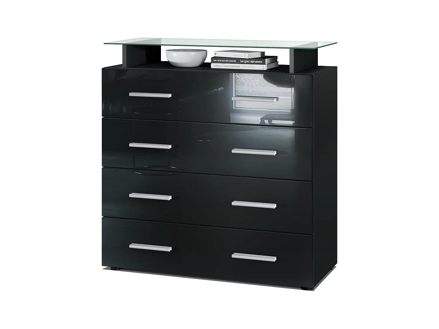 Buffet Pavos V2, Commode avec 4 tiroirs et mini-étagère en verre, noir mat/noir haute brillance (76 x 81 x 35 cm)