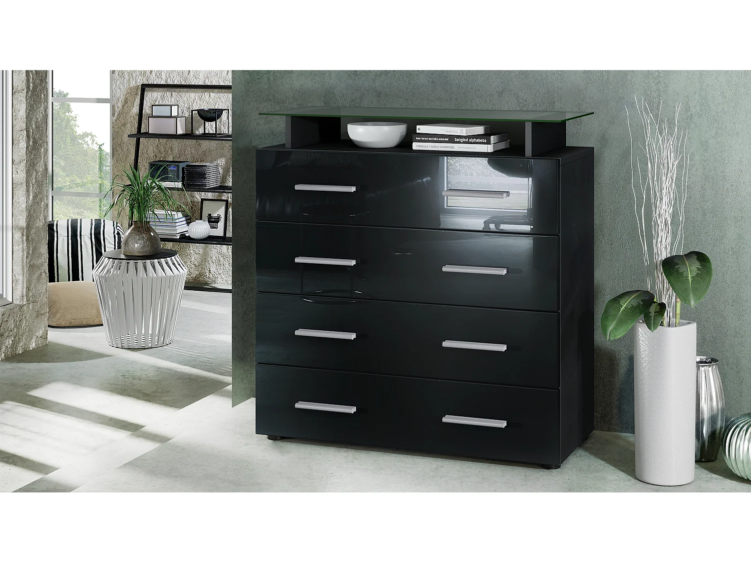 Buffet Pavos V2, Commode avec 4 tiroirs et mini-étagère en verre, noir mat/noir haute brillance (76 x 81 x 35 cm)