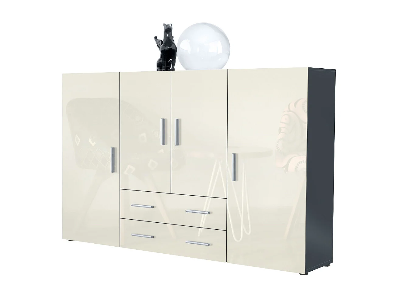 Le Buffet Haut Nora bahut avec 2 tiroirs et 4 portes avec un total de 8 compartiments derrière, anthracite mat/crème haute brillance (166,5 x 106,5 x 35 cm)