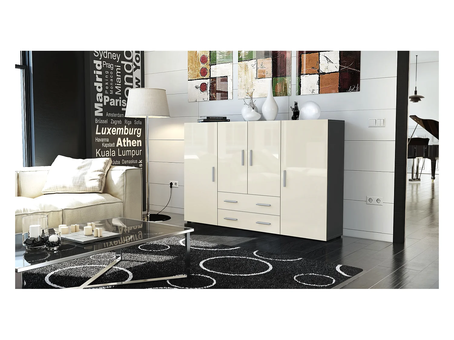 Le Buffet Haut Nora bahut avec 2 tiroirs et 4 portes avec un total de 8 compartiments derrière, anthracite mat/crème haute brillance (166,5 x 106,5 x 35 cm)