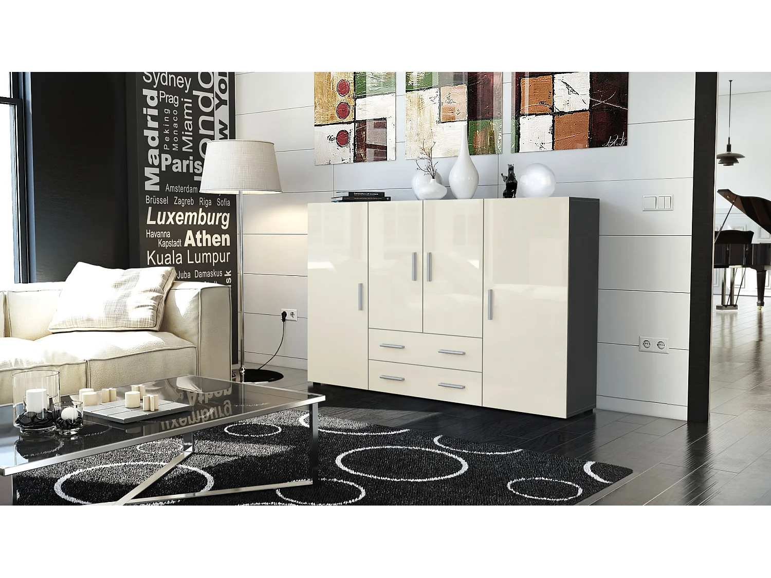 Highboard Nora Sideboard with 2 drawers and 4 doors with a total of 8 compartments behind, antracite opaco /beige lucido (166.5 x 106.5 x 35 cm)