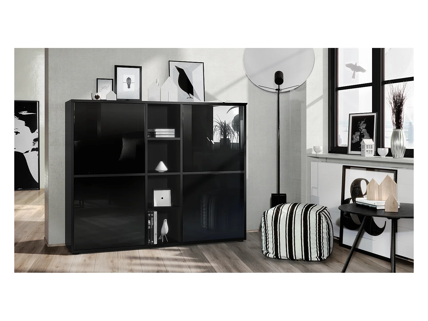 Vladon Highboard Cuba V3, negro mate/negro de alto brillo - Aparador moderno con 12 compartimentos (130,5 x 105,5 x 35,5 cm)